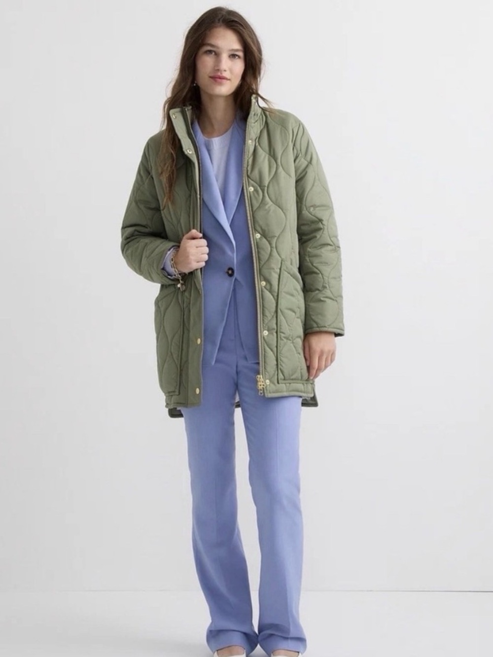 J. Crew Olive Quilted Snap-Front Puffer Jacket